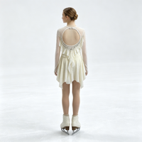 Robe de patinage artistique blanche ivoire pour enfants et adultes, à manches longues en maille, avec strass argentés et dos à volants, pour compétition et spectacle de patinage sur glace