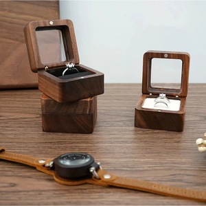 Solid Walnut Wood Wedding <b>Ring</b> <b>Box</b> Square Dark Brown Jewelry Storage Desktop Organizer With Glass Lid For Engagement <b>Rings</b> - Product Image 3