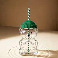 HIXIN Tasse en verre borosilicate avec couvercle et paille, motif ours mignon, résistante à la chaleur, transparente, personnalisable avec logo, idéale pour les fêtes, livrée en coffret cadeau