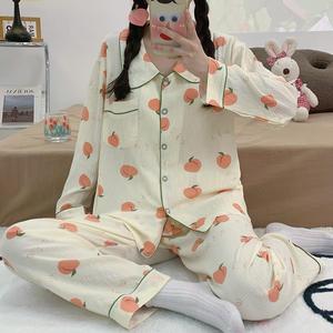 Style coréen fraise pêche mode vent pyjamas à manches longues femme printemps et automne nouveau petit revers costume décontracté vêtements de maison - Product Image 3