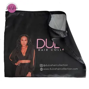 Hair Extensions Packaging Silk Zipper Satin Bag Custom All Over Logo Printed Satin Zip Hair Stylist Pouch Wig Storage Bag