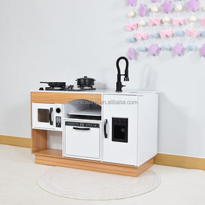 Cuisine de jeu pour enfants en bois de style moderne avec four, micro-ondes, cuisinière, évier et réfrigérateur, ensemble de cuisine d'imitation Montessori pour enfants - Product Image 1