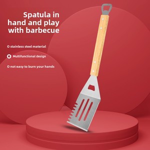 Espátula multifuncional de acero inoxidable para barbacoa al aire libre, mango de madera, abridor de botellas para parrilla de barbacoa doméstica, espátula con fugas de Metal - Product Image 5
