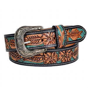 Cinturón de Cuero Repujado con Diseño Floral Occidental Hecho a Mano con Hebilla Plateada, Cinturón Vaquero de Cuero de Diseño Casual Vintage - Product Image 1