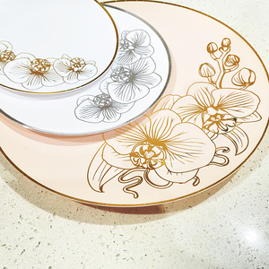 <span class=keywords><strong>Assiette</strong></span> de présentation personnalisée en plastique, ensemble d'assiettes à dîner à fleurs roses et dorées - Product Image 2