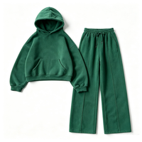 Conjunto de 2 piezas de sudadera con capucha corta y pantalones acampanados estilo vintage lavado, chándal oversize, traje de streetwear en blanco para logotipo personalizado, venta al por mayor