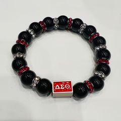 Pulsera personalizada de la hermandad Delta <span class=keywords><strong>DIVA</strong></span> en rojo, blanco y negro con letras griegas y cuentas de piedra en cuerda elástica. - Product Image 4