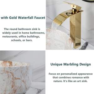 Combo <span class=keywords><strong>de</strong></span> fregadero <span class=keywords><strong>de</strong></span> baño <span class=keywords><strong>de</strong></span> mármol blanco-Tazón redondo sobre encimera <span class=keywords><strong>de</strong></span> 14 "+ grifo <span class=keywords><strong>de</strong></span> <span class=keywords><strong>cascada</strong></span> y drenaje emergente - Product Image 4