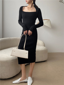 Abito Vintage francese <span class=keywords><strong>in</strong></span> <span class=keywords><strong>maglia</strong></span> retrò da donna a maniche lunghe <span class=keywords><strong>con</strong></span> <span class=keywords><strong>spacco</strong></span> aderente aderente alla moda Maxi gonna Sexy <span class=keywords><strong>con</strong></span> collo quadrato autunno - Product Image 6