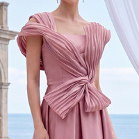 Robe de soirée élégante en satin rose poudré, épaules dénudées, plissée 3D, grand nœud, coupe trapèze, longueur ras du sol, pour occasions formelles et fêtes