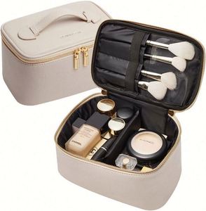 Sac à cosmétiques en cuir lisse PU avec fermeture éclair, matériau imperméable, poignée portable, trousse de maquillage professionnelle, grande taille, vente en gros - Product Image 1