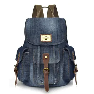 Wholesale Stock Hiking Drawstring Denim Shoulder Bag Unisex Backpack Large Capacity Travel Teen Schoolbag