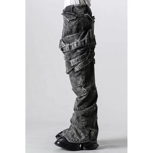 Jean cargo gris décontracté pour homme et garçon, taille <span class=keywords><strong>mi</strong></span>-haute, longueur longue, poche cargo, finition stretch, ourlet retroussé, printemps été, bouton, <span class=keywords><strong>coupe</strong></span> bootcut - Product Image 2