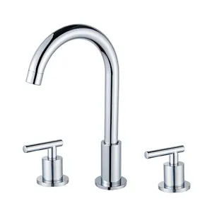 Widespread double handles polished chrome three hole deck mount hot cold water solid copper brass basin mixer