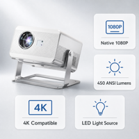 Projecteur Android 450 Ansi, résolution native 1080P, compatible 4K, Wifi 6, home cinéma, extérieur, vidéo pour entreprise