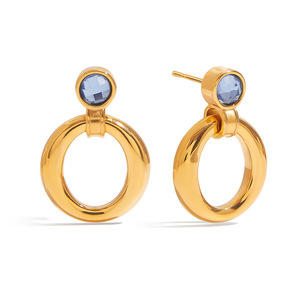 Drop <b>Earrings</b> Gold Tone Circular <b>Blue</b> Zircon Stone Geometric Design <b>Studs</b> - Product Image 1