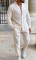 Vêtements d'automne pour hommes, ensemble deux pièces, pantalon et chemise en lin décontractés, ensemble 2 pièces