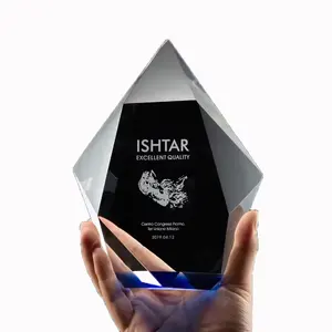Glass Crystal Crafts Mountain Trophy With Metal Mount Custom Logo Toy Business Gift Financial Trophy Awards Plaque Hand Craft