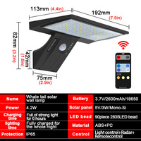 Lampe murale solaire LED IP65 étanche pour extérieur, lampe de jardin avec détecteur de mouvement, télécommande, design queue de baleine, batterie Li-ion 0