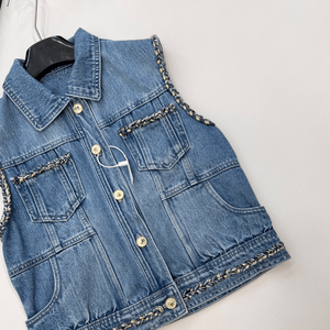 Chaleco vaquero sin mangas para mujer con ribete de tweed, abotonado, corto, informal, a la moda, con bolsillos, para ropa de calle - Product Image 6