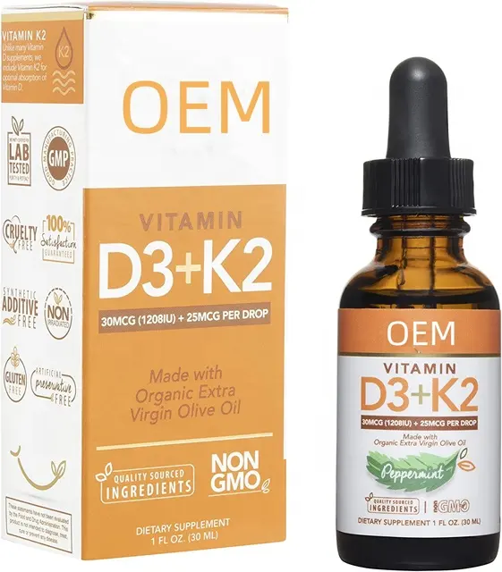 Vitamin K2 Vitamin D3 Drop For Untreated GMP-Verified Compliance Standards Gluten-free snacks 100% Green