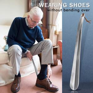 Wholesale 30cm Shoehorn Stainless Steel Long Leather Handle Metal <b>Shoe</b> Spoon Home Tools Accessories for Wear <b>Shoes</b> - Product Image 2