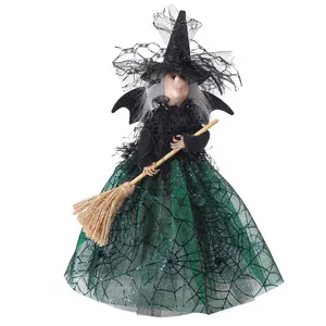 हेलोवीन पार्टी सजावट गुड़िया काले और झाड़ू के साथ ग्रीन चुड़ैल हेलोवीन गुड़िया सजावट