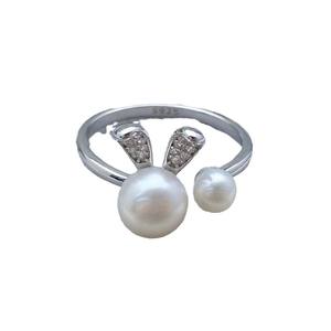 S925 Silver <b>Pearl</b> <b>Ring</b> Good Quality Inlay with Large 7-8mm Round <b>Pearl</b> Small 5mm <b>Pearl</b> Cute Elegant Little White Rabbit Design - Product Image 5