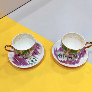 Fresh Eco-Friendly Abstract Colorful Stripe Print Bone China Coffee Cup with Gold Handle and Matching Saucer - Product Image 3