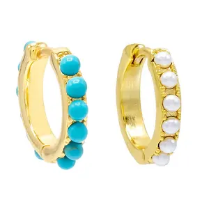 925 sterling silver high quality fashion jewelry minimal delicate Huggie hoops Turquoise pearl mini hoop earring