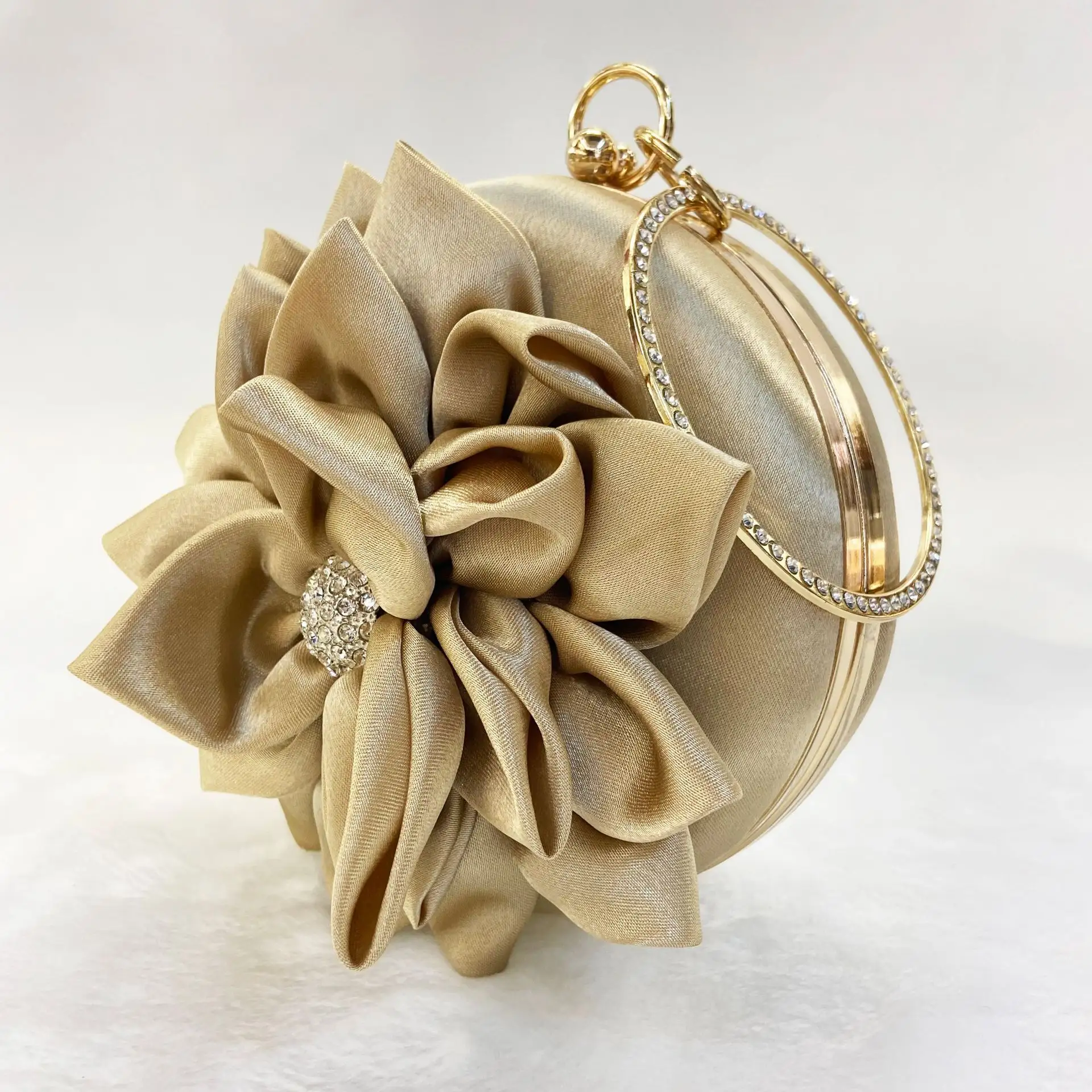 Lady round wristlet handle clutch purses Floral evening bag Satin Flower Clutch Purse for women Wedding Party Prom Handbag
