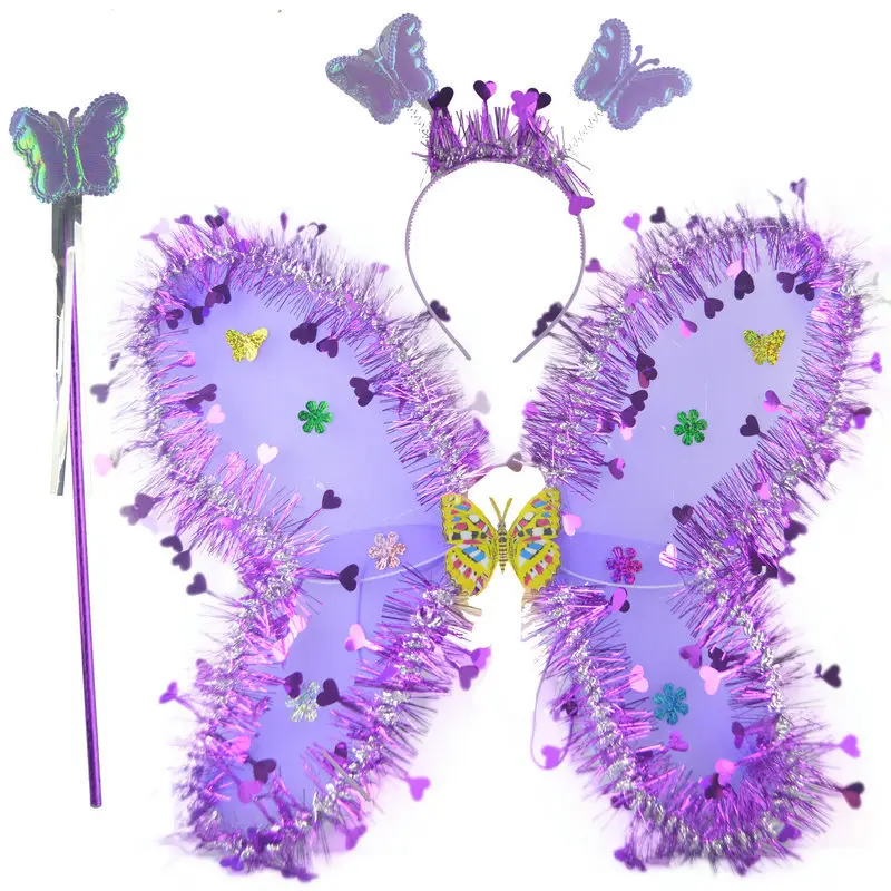 Fairyスティックゴールドシルク天使の蝶の羽子供妖精蝶のおもちゃの羽の小道具花の妖精3点セット