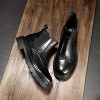VOGU Sepatu Boots Kulit Asli Pria untuk Musim Gugur/Dingin, Model Ankle & Bootie, Slip-On Anti-Slip, Motif Bunga, Sol Tebal, Sepatu Bisnis