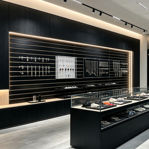 Présentoir mural en or à lattes, support à chaussures, porte-club de golf, porte-panneaux en acrylique, crochets et bacs – Vente en gros directe usine pour aménagement de magasin de détail - Product Image 4