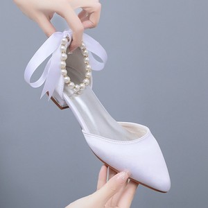 Large Size 43 <b>Flat</b> Satin Wedding <b>Flats</b> Fashion White Pearl Lace Bridesmaid Shoe Lightweight White Shoes - Product Image 1