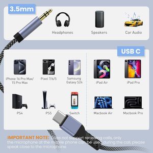 <span class=keywords><strong>Cable</strong></span> AUX Tipo C Macho a Macho de 3.5mm <span class=keywords><strong>con</strong></span> Cubierta de Nailon Trenzado, Conductor de Cobre Desnudo, Sonido sin Pérdidas para <span class=keywords><strong>iPhone</strong></span> 15/Android, Estéreo para Auto - Product Image 2
