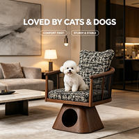 Fauteuil moderne pour chat et chien avec nid caché, meuble en bois massif avec dossier ondulé et coussin douillet en tweed tressé