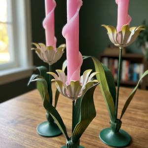 Floral Candlestick Holder Set with <b>Pink</b> Taper <b>Candles</b> Green Base Home Decoration Brass Material Durable Design - Product Image 2