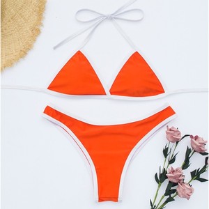 Ensemble de bikini trois pièces pour femme, haut croisé à nouer, bas string, grande taille, bordure contrastante, maillot de bain en fibre de polyester - Product Image 3