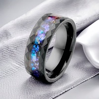 Anillo de Acero Inoxidable Negro Facetado con Incrustaciones de Ópalo Galáctico para Hombre, Regalo de Boda o Aniversario
