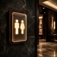 Panneau de signalisation de toilettes lumineux en alliage d'aluminium de qualité supérieure, plaque de toilettes d'hôtel rétroéclairée de luxe, signalétique de salle de bain en acrylique givré IP54