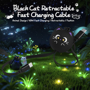 Cable de Carga Rápida Retráctil Black Cat de 60W, Bonito Cable USB Tipo C a Tipo C con Diseño de Animal de Dibujos Animados, Cable de Datos Tipo C de 60W - Product Image 2