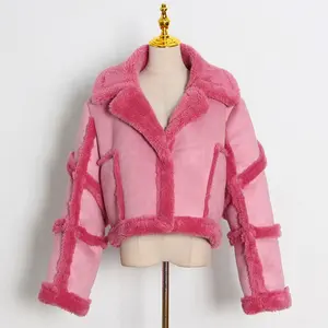 Streetwear Mantel Wol Domba Wanita Tebal Hangat Mode Jaket Musim Dingin Perca Antik Mantel Wanita Merah Muda