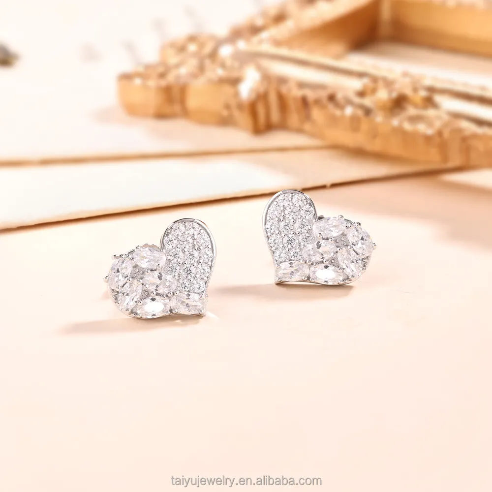 TY Jewelry New Design Female Wedding Cubic Zirconia Jewelry Party Fashion Vintage 925 Sterling Silver Heart Stud Earrings