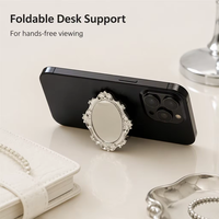 Support de téléphone portable de luxe vintage avec mini-miroir, support adhésif pliable en forme d'anneau pour smartphone et tablette