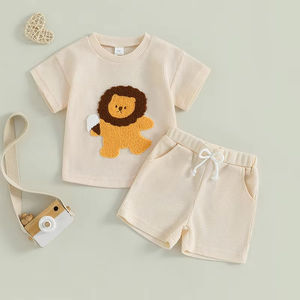 Ensemble d'été pour garçon : Haut à manches courtes col rond brodé lion et <span class=keywords><strong>short</strong></span> à taille élastique - Product Image 6