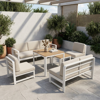 Ensemble de canapés d'extérieur modernes en aluminium 7 pièces avec canapé 3 places, causeuse, 2 chaises et tables hautes et basses pour la salle à manger et les espaces publics