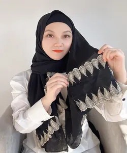 Luxury Custom Lace Hijab For Women Bubble Chiffon Scarf Muslim Shawl Plain Soft Turban Head Wraps Headband Foulard Femme