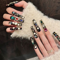 Personalizado ataúd largo negro ABS uñas artificiales diamante Rhinestone 3D decoración de uñas al por mayor prensa en las uñas