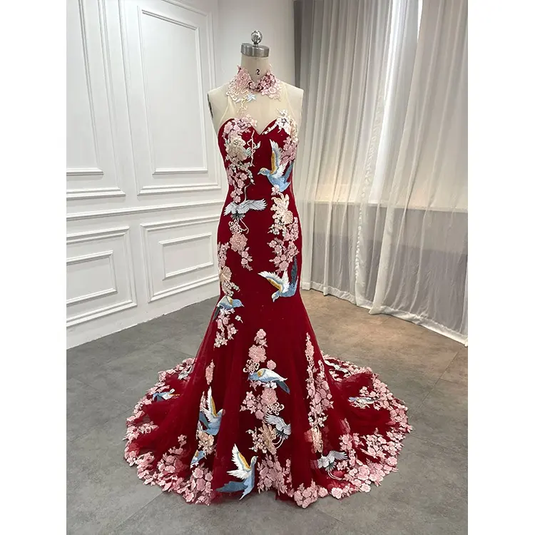 カスタム結婚記念日ドレス中国の赤い伝統的なチャイナドレスイブニングドレスアップリケウェディングドレス女性のための2022高級